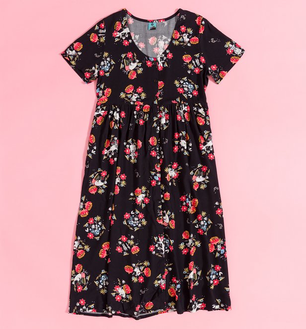 Moomin 80th Anniversary All Over Print Floral Black V-Neck Midi Dress Moomin 80th Anniversary All Over Print Floral Black V-Neck Midi Dress