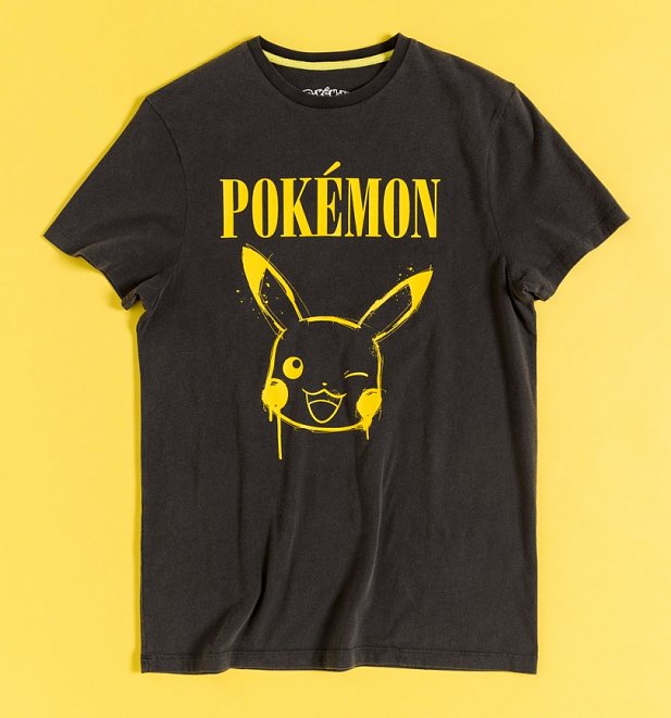 Pokemon Pikachu Graffiti Face Charcoal Acid Wash T-Shirt