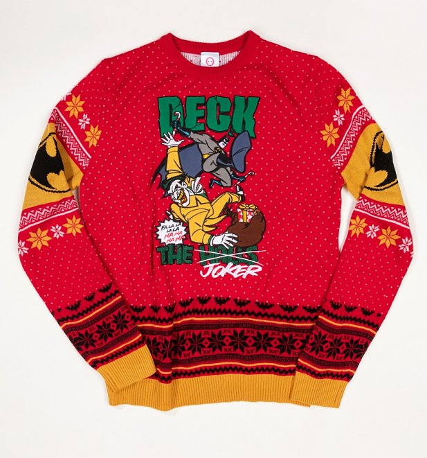 Red DC Comics Batman Deck The Halls Knitted Christmas Jumper Red DC Comics Batman Deck The Halls Knitted Christmas Jumper