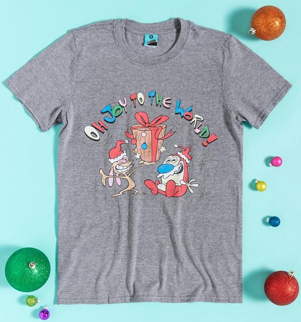 Ren And Stimpy Oh Joy To The World Grey Marl T-Shirt