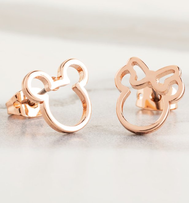 Rose Gold Plated Disney Mickey and Minnie Mismatched Stud Earrings