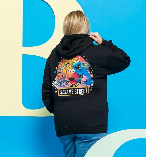 Sesame Street Rainbow Characters Front And Back Print Zip Up Black Hoodie