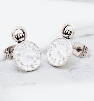 Versilberte Alice im Wunderland Taschenuhr Ohrstecker von Disney Couture Versilberte Alice im Wunderland Taschenuhr Ohrstecker von Disney Couture