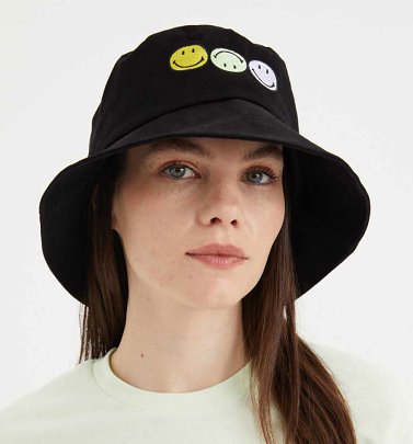 Smiley Embroidered Black Bucket Hat