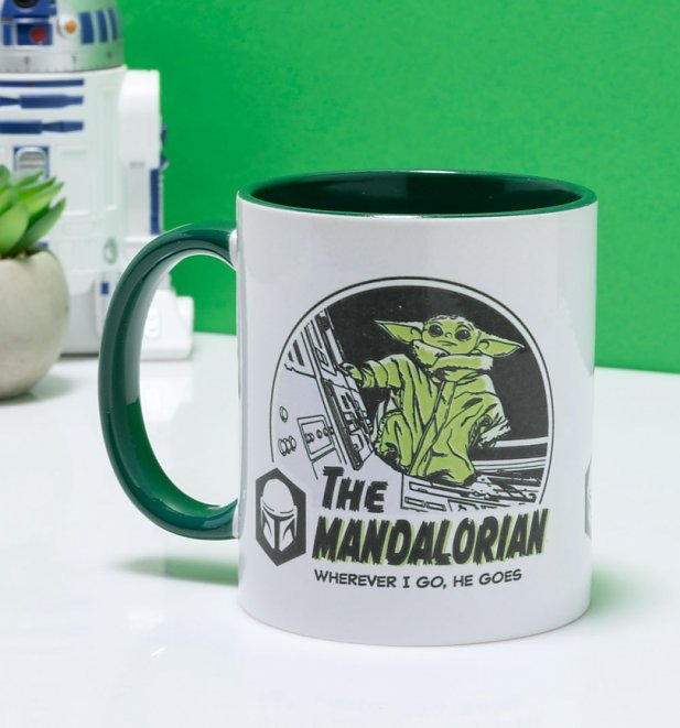 Star Wars The Mandalorian Wherever I Go He Goes Baby Yoda Mug with Green Handle Star Wars The Mandalorian Wherever I Go He Goes Baby Yoda Mug with Green Handle