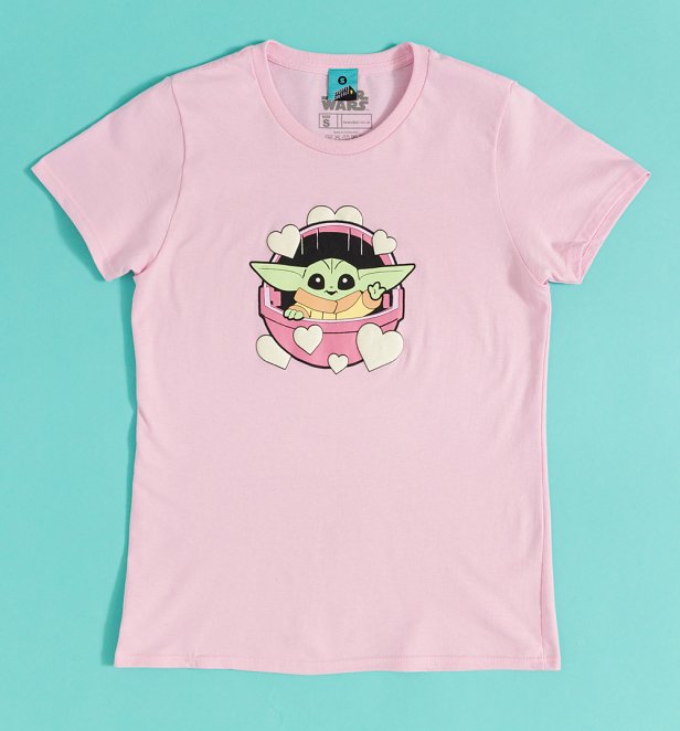 Star Wars The Mandolorian Cute Grogu Pink Fitted T-Shirt with Puff Print