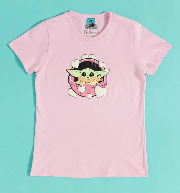 Star Wars The Mandalorian Cute Grogu Pink Fitted T-Shirt with Puff Print