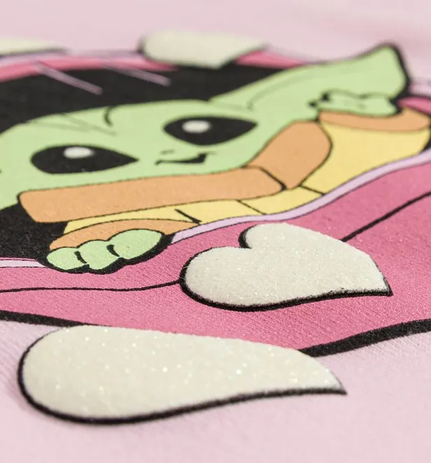 Star Wars The Mandalorian Cute Grogu Pink Fitted T-Shirt with Puff Print - Detail