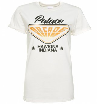 Women's Stranger Things Inspired Hawkins Indiana Arcade Ecru Boyfriend Fit T-Shirt With Rolled Sleeves Women's Stranger Things Inspired Hawkins Indiana Arcade Ecru Boyfriend Fit T-Shirt With Rolled Sleeves