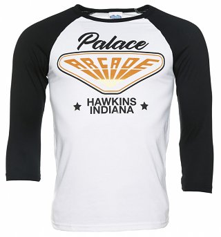 Stranger Things Inspired Hawkins Indiana Arcade White And Black Raglan Baseball T-Shirt Stranger Things Inspired Hawkins Indiana Arcade White And Black Raglan Baseball T-Shirt