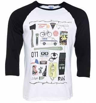 Stranger Things Inspired Icons White And Black Raglan Baseball T-Shirt Stranger Things Inspired Icons White And Black Raglan Baseball T-Shirt