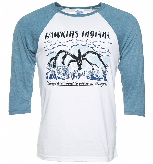 Stranger Things Inspired Shadow Monster White and Denim Raglan Baseball T-Shirt Stranger Things Inspired Shadow Monster White and Denim Raglan Baseball T-Shirt