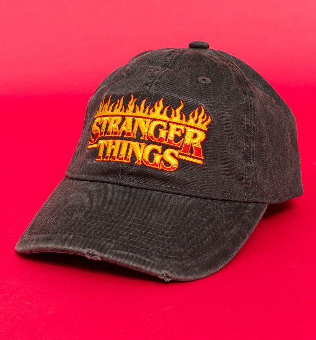 Stranger Things Burning Logo Vintage Wash Charcoal Embroidered Cap