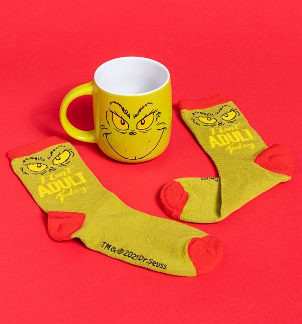 The Grinch Mug and Socks Can't Adult Today Gift Set