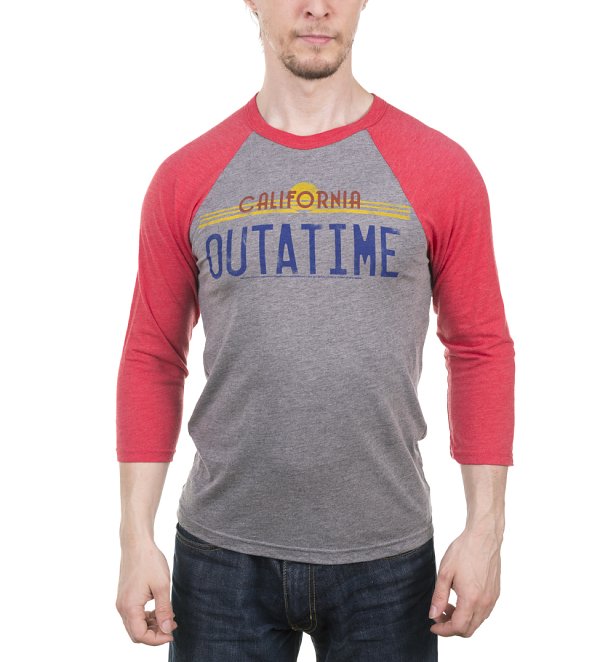 Back to the Future Outatime Heather Grey and Heather Red Raglan Baseball Tee Back to the Future Outatime Heather Grey and Heather Red Raglan Baseball Tee