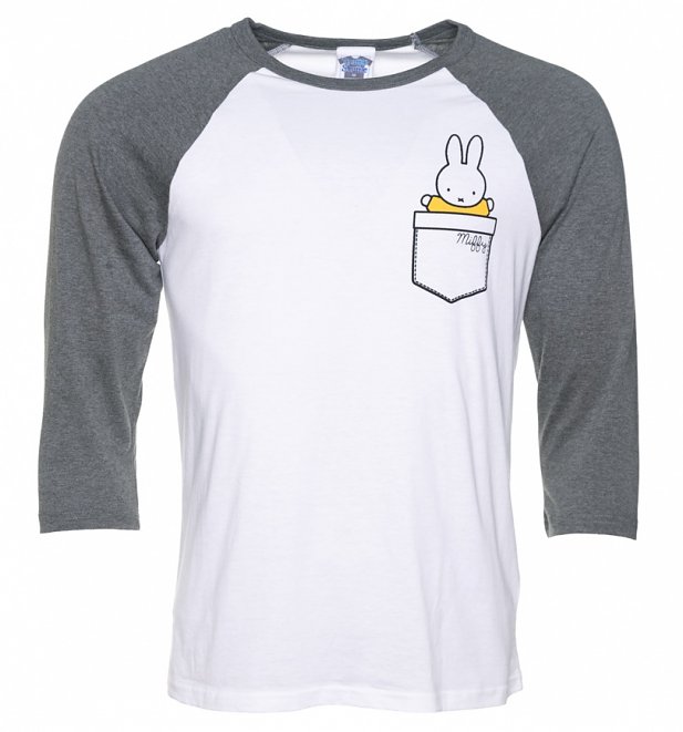 Miffy Printed Pocket White And Grey Raglan Baseball T-Shirt Miffy Printed Pocket White And Grey Raglan Baseball T-Shirt