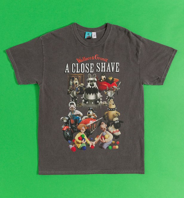 Wallace And Gromit A Close Shave Montage Vintage Wash Charcoal T-Shirt