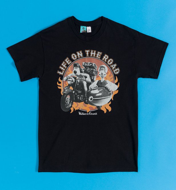 Wallace And Gromit Life On The Road Bikers Black T-Shirt with Back Print