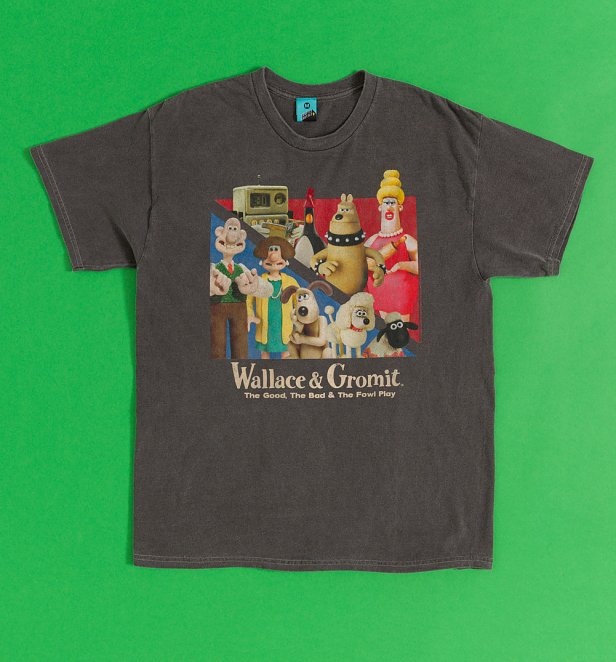 Wallace & Gromit The Good, The Bad And The Fowl Play Vintage Wash Charcoal T-Shirt