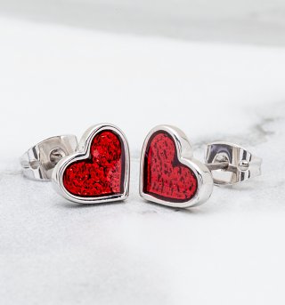 White Gold Plated Alice In Wonderland Red Glitter Heart Stud Earrings White Gold Plated Alice In Wonderland Red Glitter Heart Stud Earrings