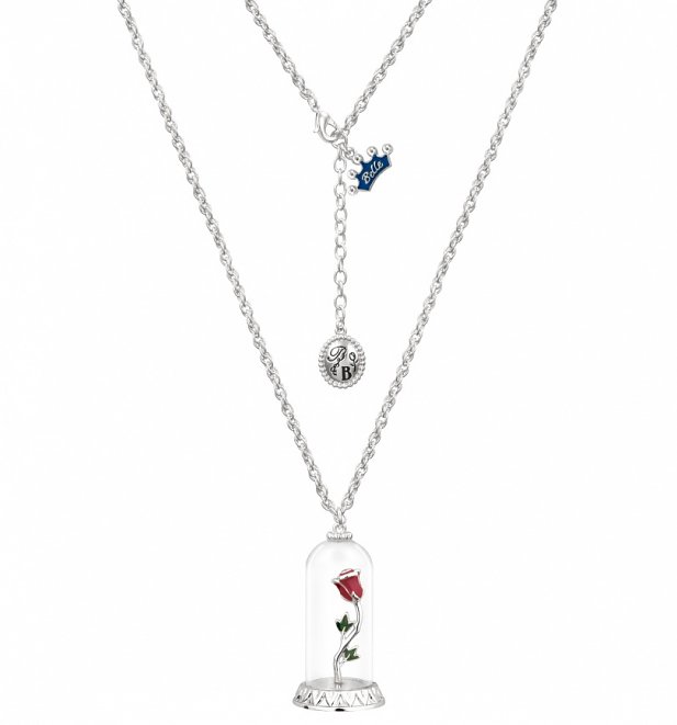White Gold Plated Beauty & The Beast Enchanted Rose Dome Necklace from Disney Couture White Gold Plated Beauty & The Beast Enchanted Rose Dome Necklace from Disney Couture