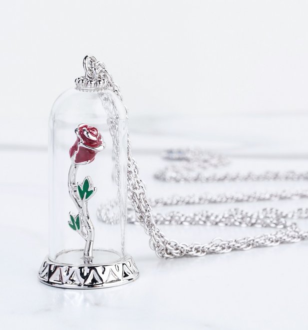 White Gold Plated Beauty & The Beast Enchanted Rose Dome Necklace White Gold Plated Beauty & The Beast Enchanted Rose Dome Necklace