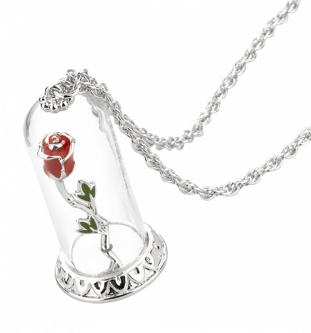 White Gold Plated Beauty & The Beast Enchanted Rose Dome Necklace from Disney Couture White Gold Plated Beauty & The Beast Enchanted Rose Dome Necklace from Disney Couture
