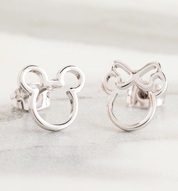 White Gold Plated Disney Mickey and Minnie Mismatched Stud Earrings White Gold Plated Disney Mickey and Minnie Mismatched Stud Earrings
