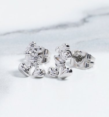 White Gold Plated Mickey Mouse Figure Stud Earrings White Gold Plated Mickey Mouse Figure Stud Earrings