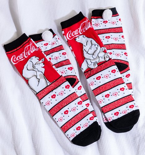 Women's 2pk Coca-Cola Polar Bear Socks with Pom Poms Women's 2pk Coca-Cola Polar Bear Socks with Pom Poms