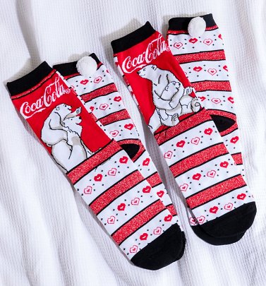 Women's 2pk Coca-Cola Polar Bear Socks with Pom Poms Women's 2pk Coca-Cola Polar Bear Socks with Pom Poms