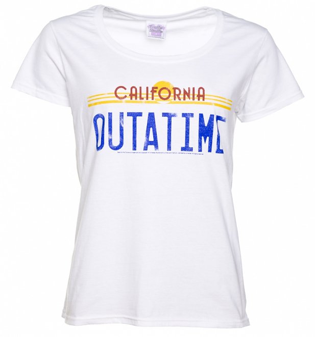 Women's Back to the Future Outatime White Scoop Neck T-Shirt Women's Back to the Future Outatime White Scoop Neck T-Shirt