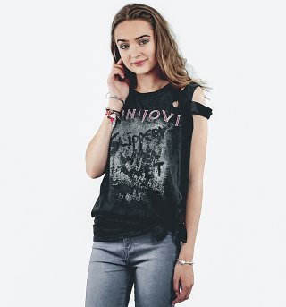 Women's Black Acid Wash Bon Jovi Slippery When Wet Slash Shoulder T-Shirt from Ultrakult Women's Black Acid Wash Bon Jovi Slippery When Wet Slash Shoulder T-Shirt from Ultrakult