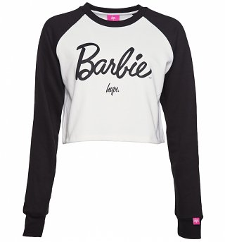 Women's Black And White Barbie Logo Raglan Cropped Crew Sweater from Hype Women's Black And White Barbie Logo Raglan Cropped Crew Sweater from Hype