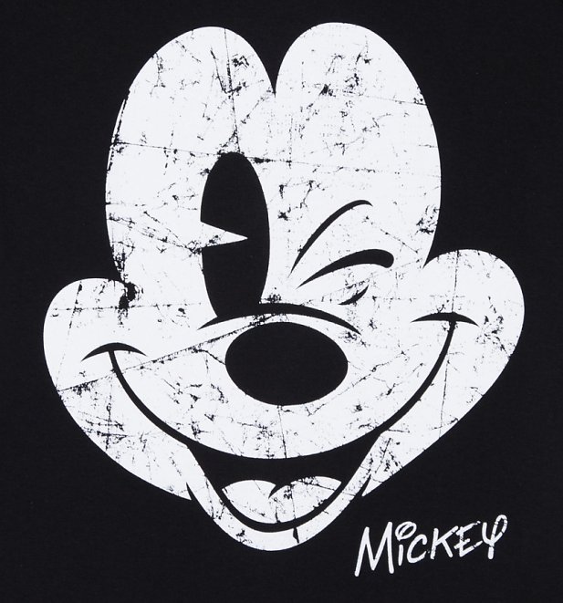 Women's Black Disney Mickey Mouse Vintage Cracked Print T-Shirt Women's Black Disney Mickey Mouse Vintage Cracked Print T-Shirt