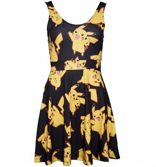 Women's Black Pokemon Pikachu All Over Print Skater Dress Women's Black Pokemon Pikachu All Over Print Skater Dress