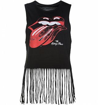 Women's Black Rolling Stones Tongue Vest With Tassels Women's Black Rolling Stones Tongue Vest With Tassels