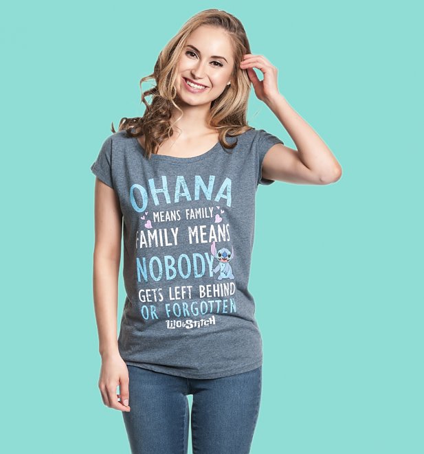 Women's Blue Marl Lilo and Stitch Ohana Means Family Loose Disney T-Shirt Women's Blue Marl Lilo and Stitch Ohana Means Family Loose Disney T-Shirt