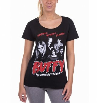 Women's Buffy the Vampire Slayer Gang Black Scoop Neck T-Shirt Women's Buffy the Vampire Slayer Gang Black Scoop Neck T-Shirt