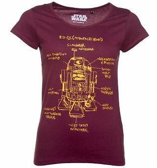 Women's Burgundy Star Wars R2-D2 Blueprint T-Shirt Women's Burgundy Star Wars R2-D2 Blueprint T-Shirt