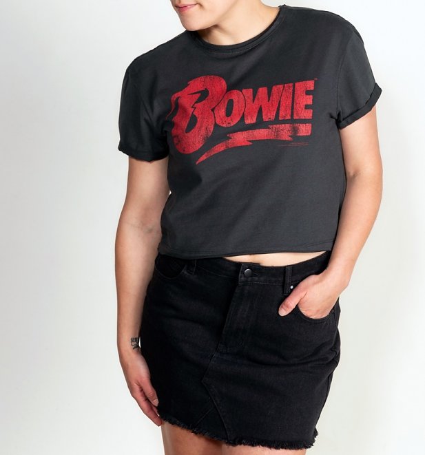 Women's Charcoal Bowie Logo Cropped T-Shirt from Amplified Women's Charcoal Bowie Logo Cropped T-Shirt from Amplified