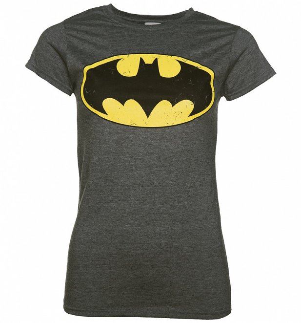 Women's Charcoal Marl Distressed Batman Logo T-Shirt