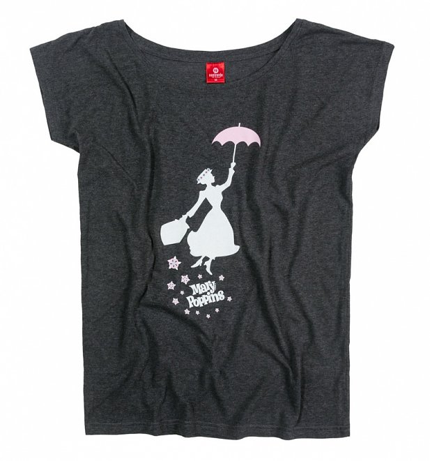 Women's Charcoal Marl Disney Mary Poppins Silhouette Oversized T-Shirt Women's Charcoal Marl Disney Mary Poppins Silhouette Oversized T-Shirt