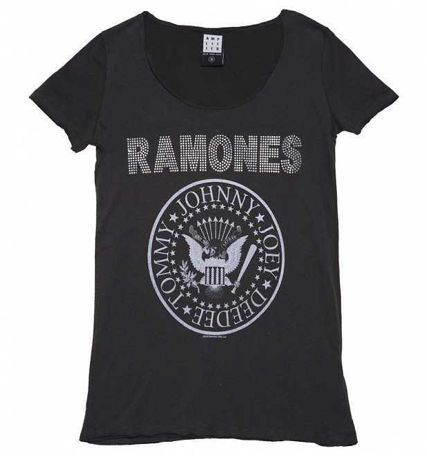 Women's Charcoal Ramones Silver Diamante T-Shirt from Amplified Women's Charcoal Ramones Silver Diamante T-Shirt from Amplified