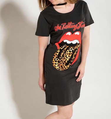 Women's Charcoal Rolling Stones Leopard Tongue T-Shirt Dress from Amplified Women's Charcoal Rolling Stones Leopard Tongue T-Shirt Dress from Amplified