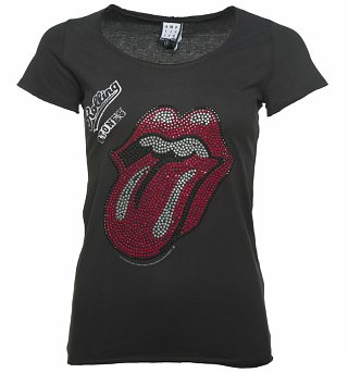 Women's Charcoal Rolling Stones Red and Silver Diamante Tongue T-Shirt from Amplified Women's Charcoal Rolling Stones Red and Silver Diamante Tongue T-Shirt from Amplified