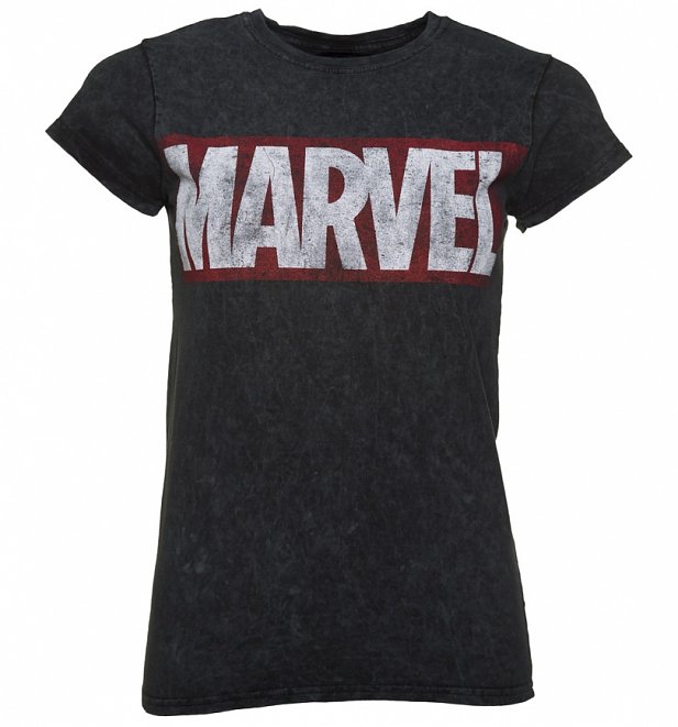 Women's Charcoal Snow Wash Distressed Marvel Logo T-Shirt Women's Charcoal Snow Wash Distressed Marvel Logo T-Shirt