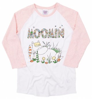 Women's Floral Moomins White and Cream Heather Pink Raglan Baseball Shirt Women's Floral Moomins White and Cream Heather Pink Raglan Baseball Shirt