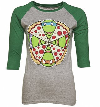 Women's Grey Marl And Green Teenage Mutant Ninja Turtles Pizza Baseball T-Shirt Women's Grey Marl And Green Teenage Mutant Ninja Turtles Pizza Baseball T-Shirt