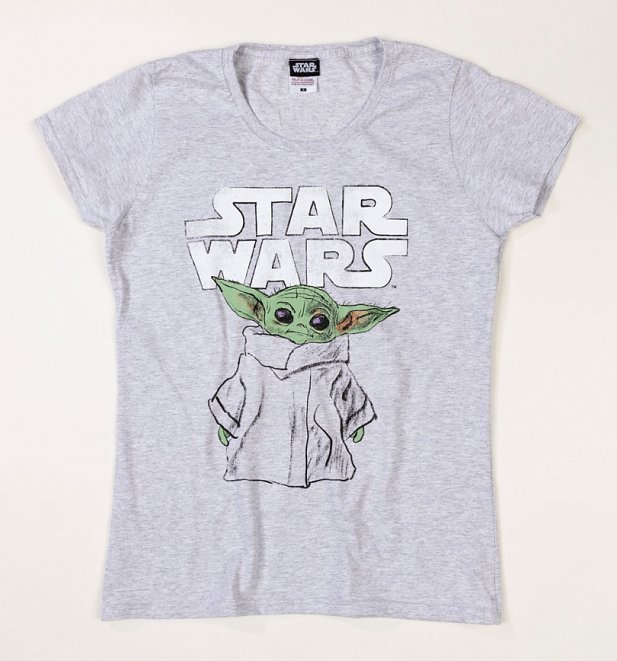 Women's Grey Marl Baby Yoda Star Wars Mandalorian Fitted T-Shirt